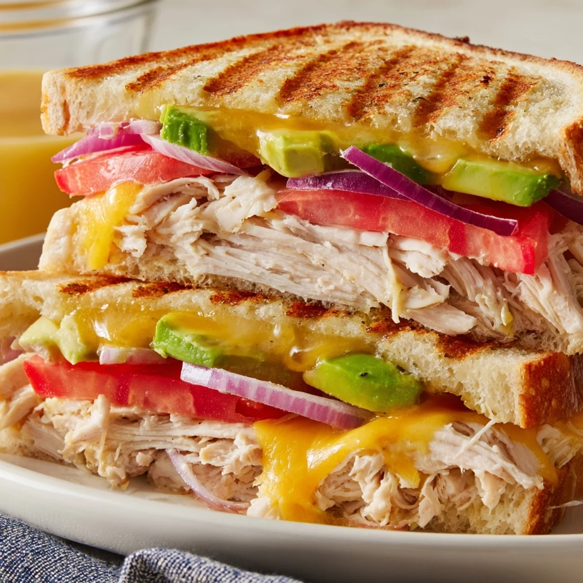 Warm Chicken Avocado Melt Sandwich on a white plate with fresh tomato slices and red onion