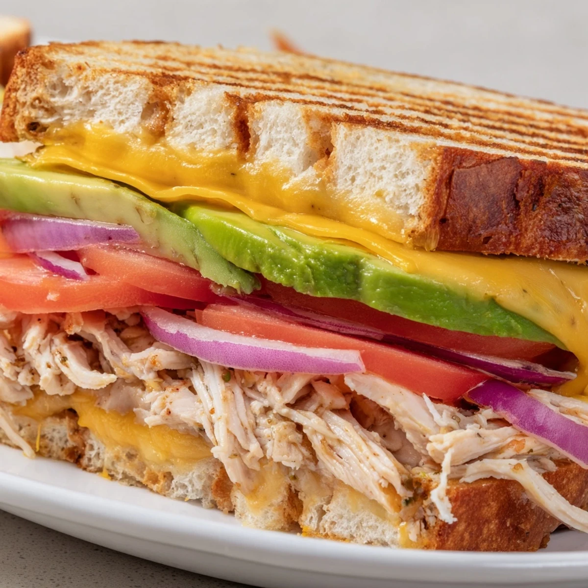 Sliced Chicken Avocado Melt Sandwich cross-section revealing layers of tender chicken, creamy avocado, and melted cheddar