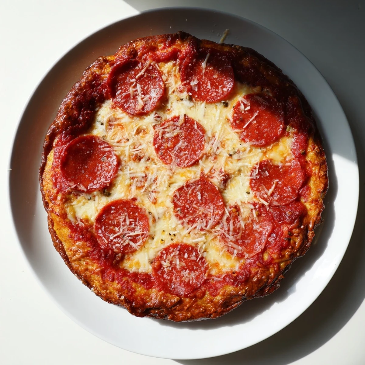 Freshly baked pan pizza with generous cheese topping and crispy golden edges in a round cake pan