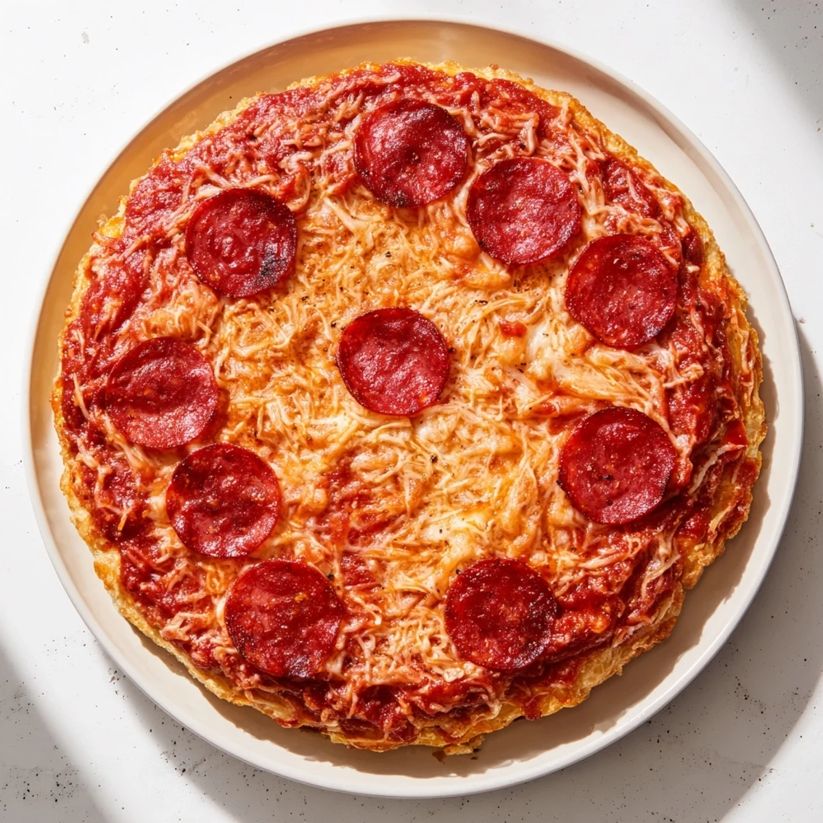 Homemade pan pizza featuring pepperoni slices on a golden chewy crust with red tomato sauce