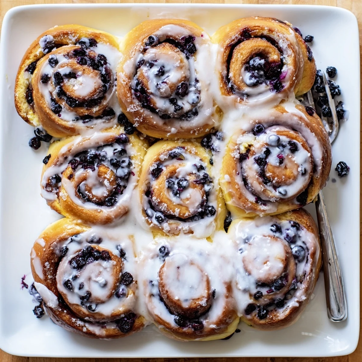 Fluffy baked rolls topped with creamy lemon icing and fresh blueberry swirls