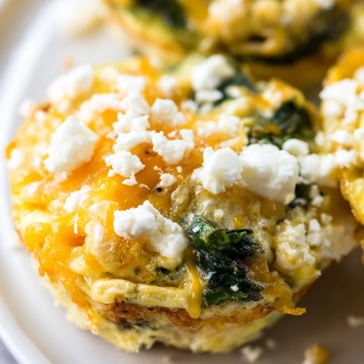 Golden baked egg muffins with spinach and feta cooling in a muffin tin