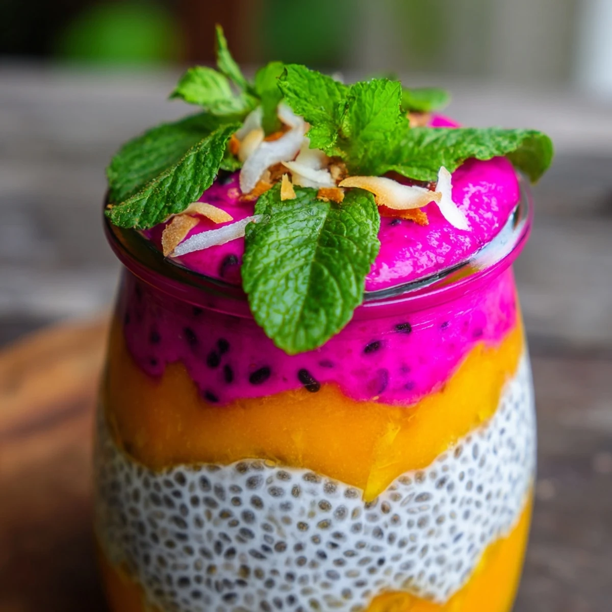 Layered glass jar showcasing tropical mango and dragon fruit chia pudding with creamy coconut milk base