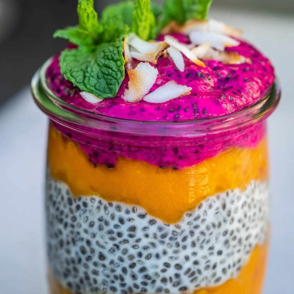 Close-up of colorful tropical chia pudding bowl topped with fresh mint and toasted coconut flakes
