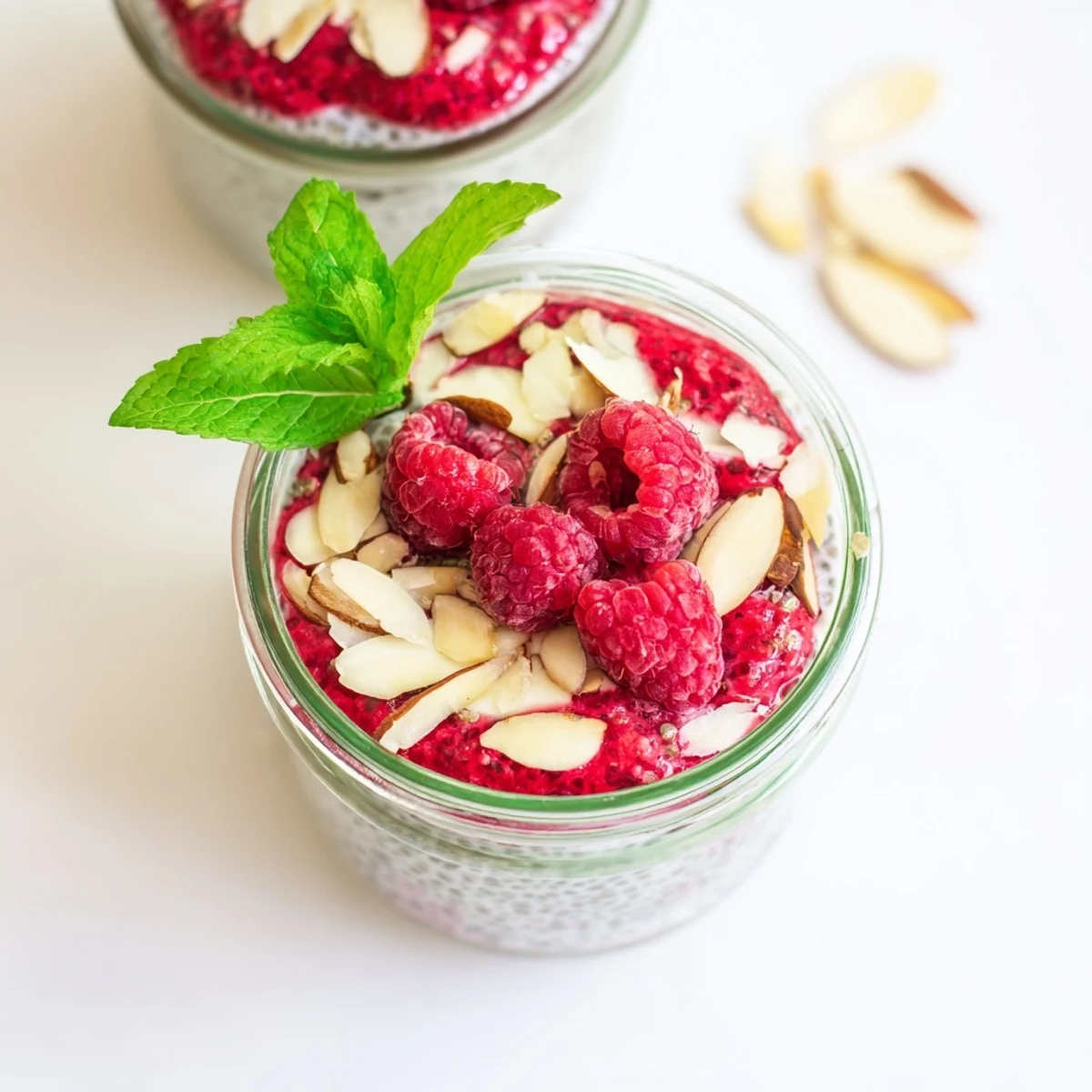 Layered raspberry chia pudding sweetened with maple syrup in clear glass jars