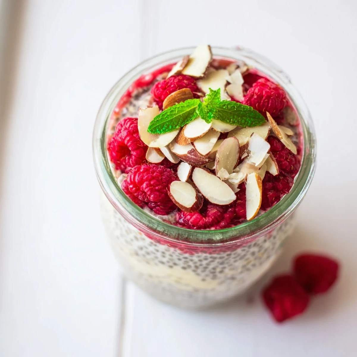 Overnight raspberry chia pudding featuring maple sweetness and almond milk base