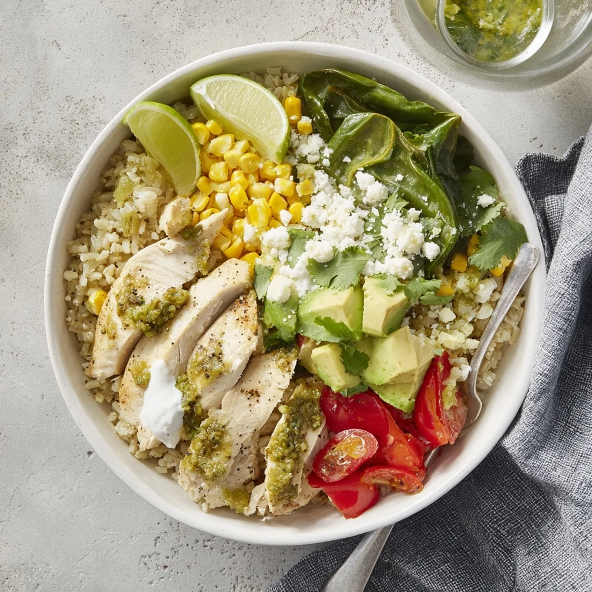 Hearty Southwest spice green chile bowl featuring spiced chicken, roasted peppers, corn, and fresh garnishes