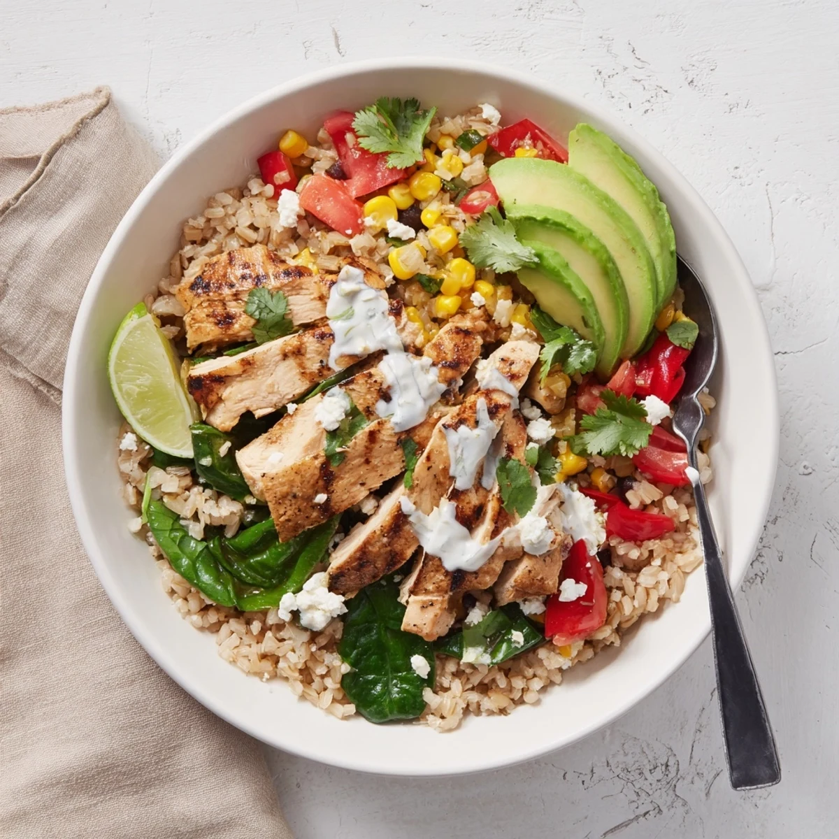 Colorful Southwest spice green chile bowl topped with avocado, cilantro, and cheese over fluffy brown rice