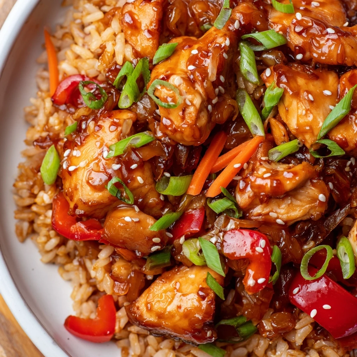One Pan Korean BBQ Chicken and Rice served in a cast iron skillet with sesame garnish