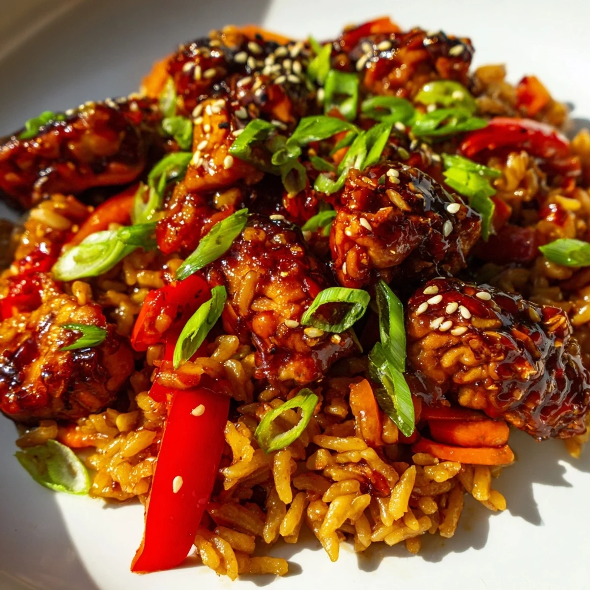 Tender One Pan Korean BBQ Chicken and Rice topped with fresh green onions