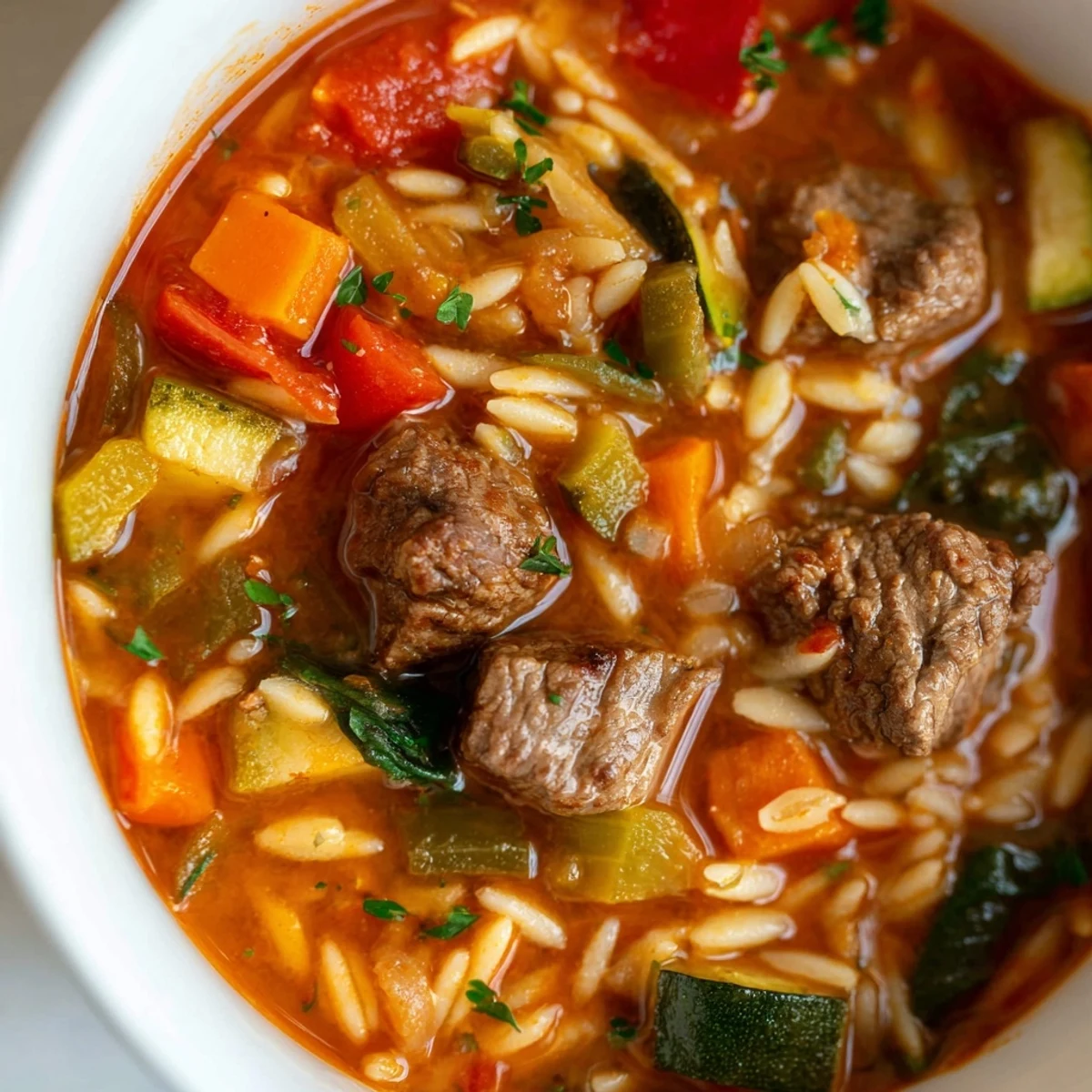 Steaming bowl of hearty beef and orzo soup brimming with tender vegetables