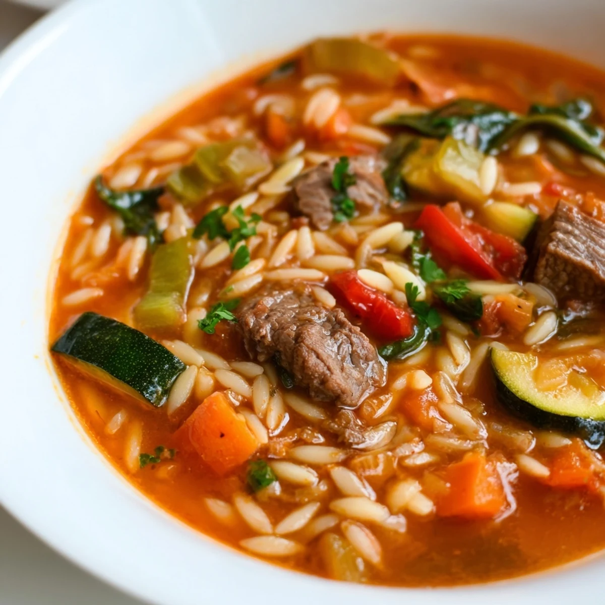 Hearty beef and orzo soup with vibrant garden vegetables in savory broth