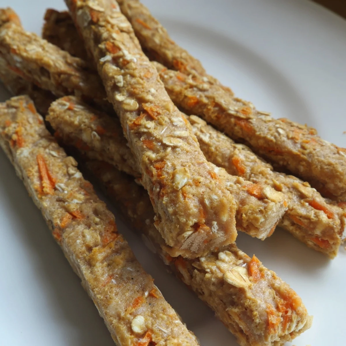 Golden baked apple and carrot dog chew sticks arranged on parchment paper for wholesome treating