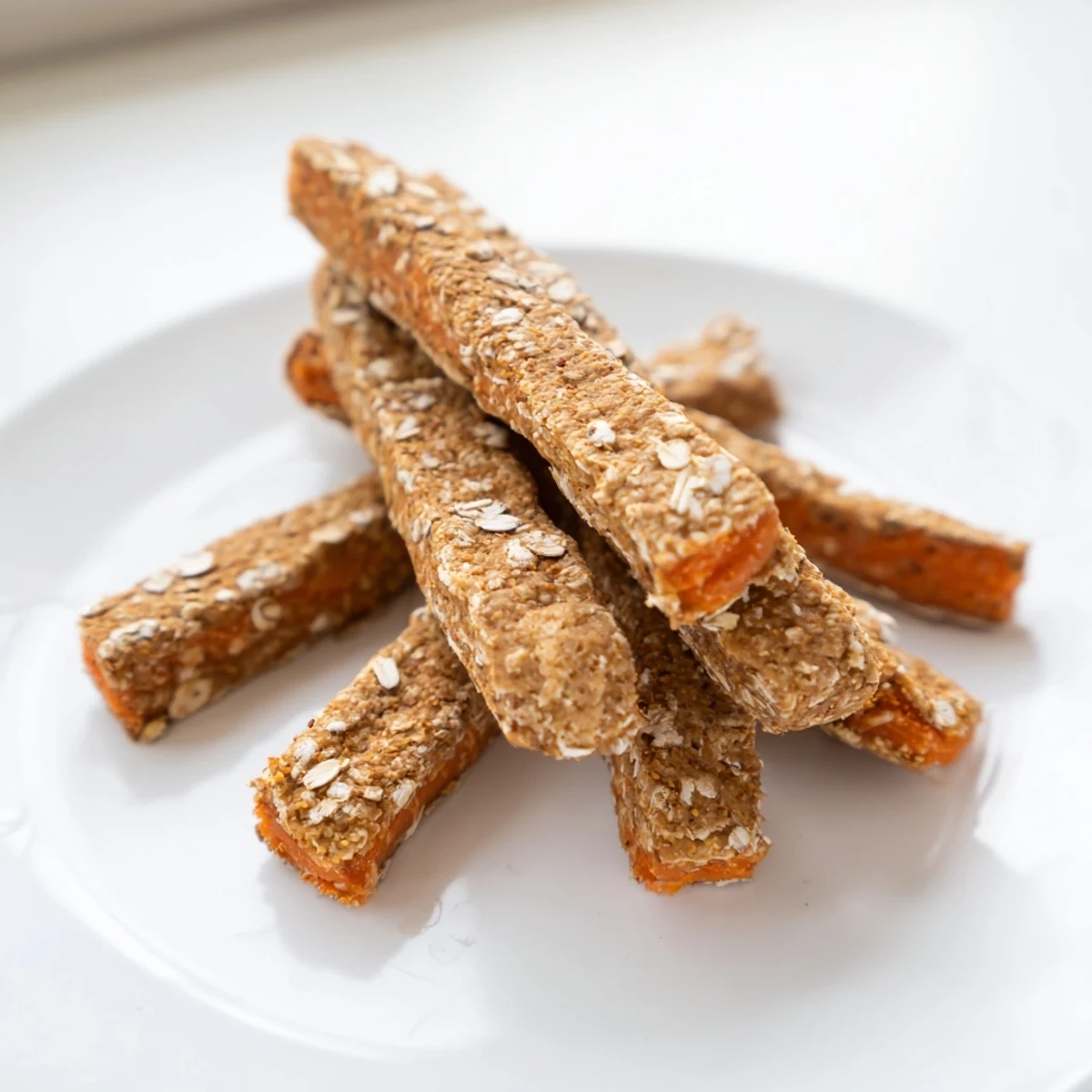 Homemade apple and carrot dog chew sticks with speckled orange and white natural coloring