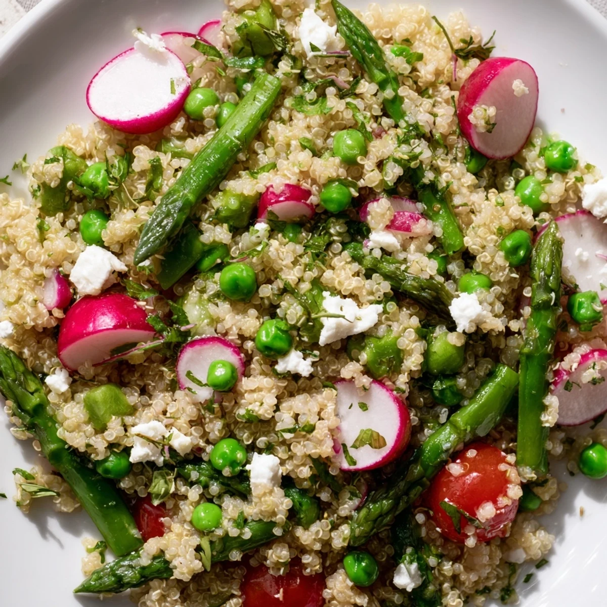 Spring Vegetable Quinoa Salad in a rustic bowl with fresh asparagus and radishes