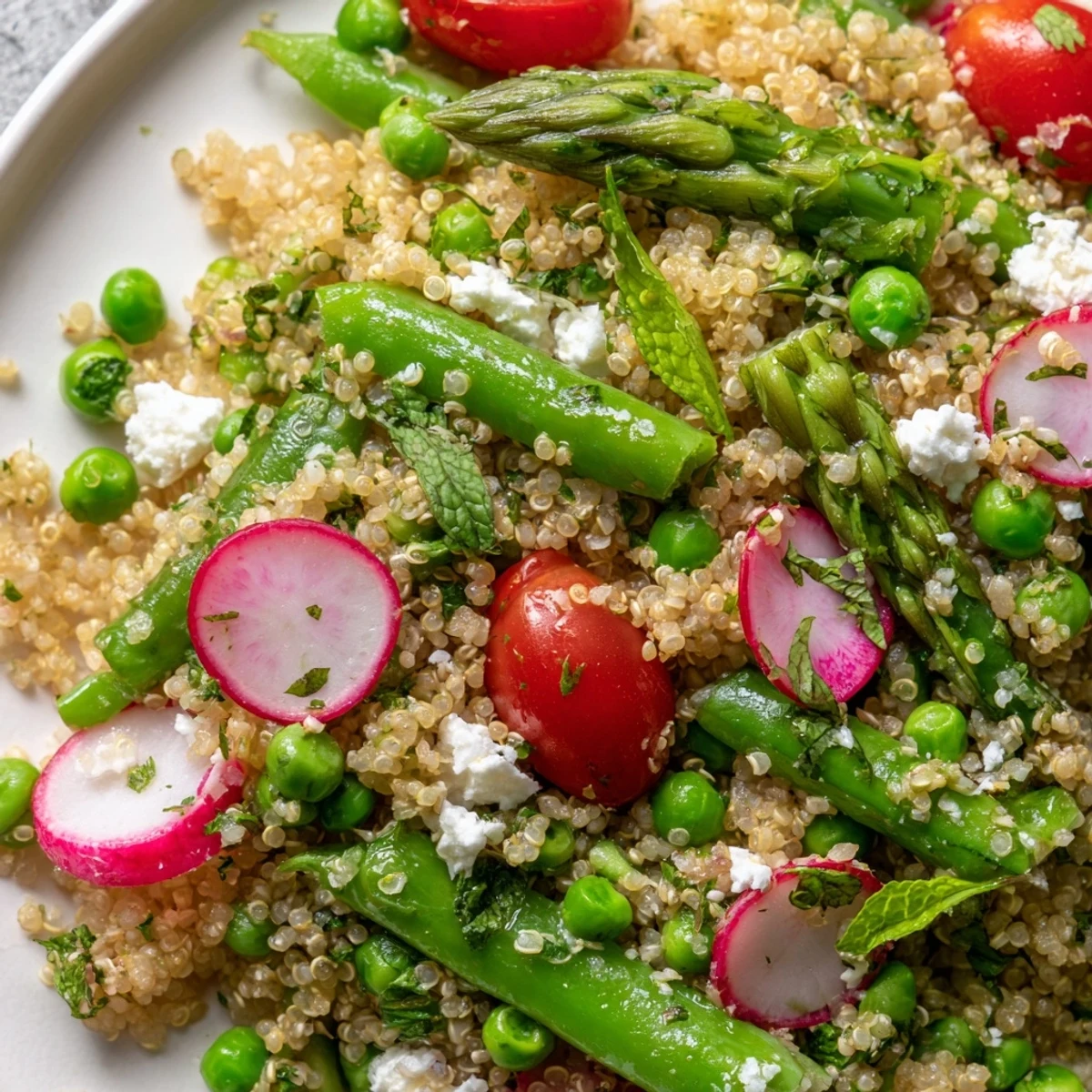 Fluffy Spring Vegetable Quinoa Salad topped with crumbled feta and fresh herbs