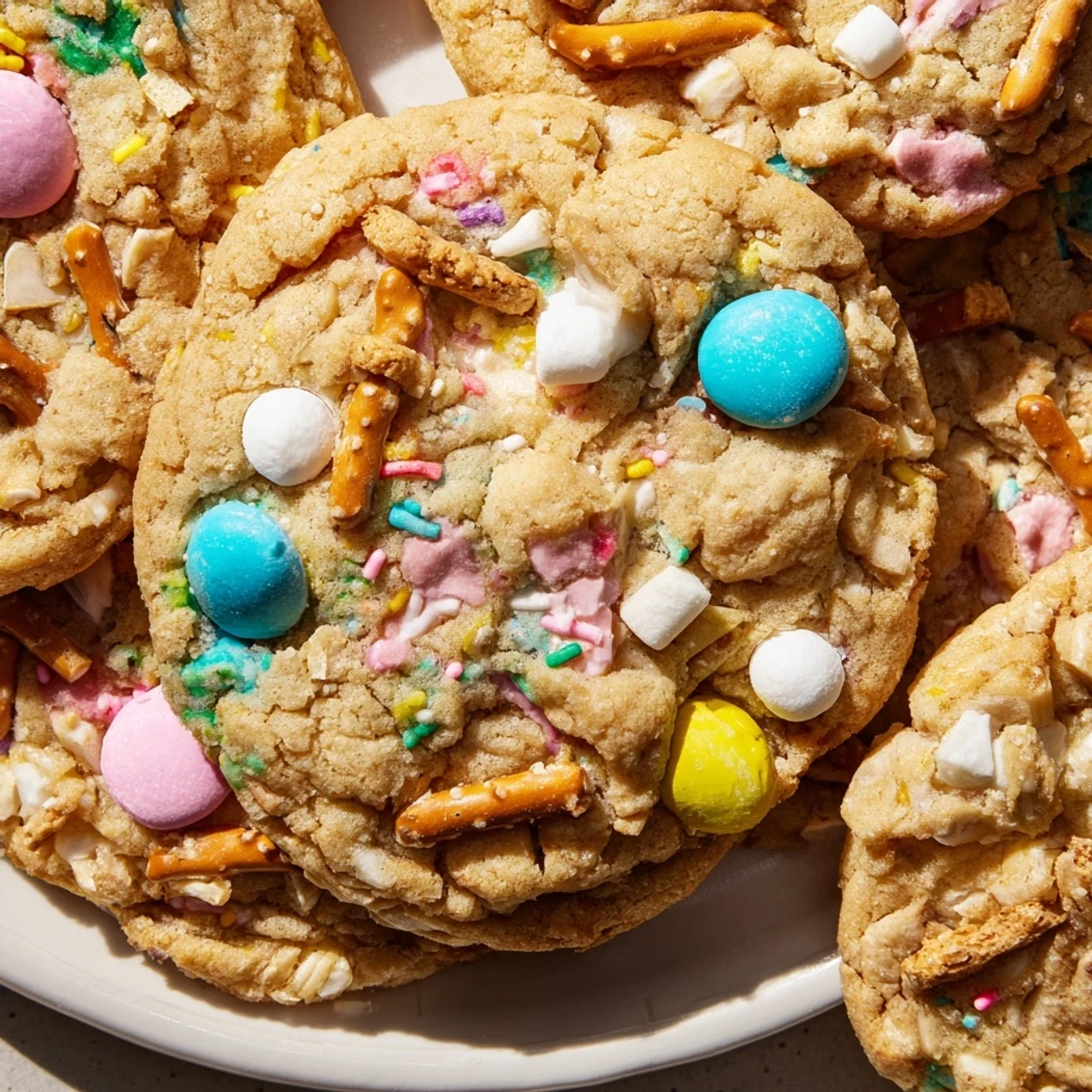 Colorful Easter Trash Cookies loaded with pastel candies, pretzels, and sprinkles on a rustic baking sheet
