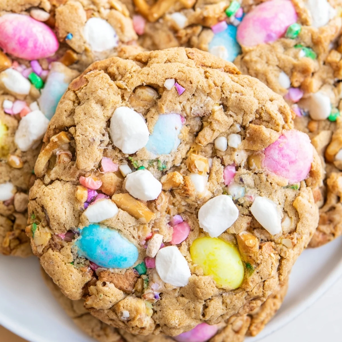 Chewy Easter Trash Cookies with melty white chocolate, crunchy pretzels, and festive candy-coated chocolates