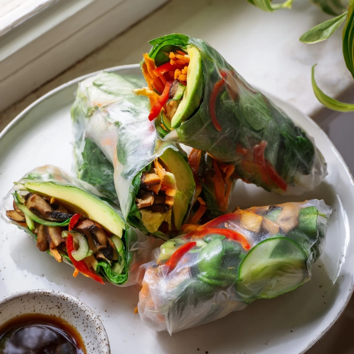 Fresh avocado shiitake spring rolls with colorful vegetables wrapped in translucent rice paper