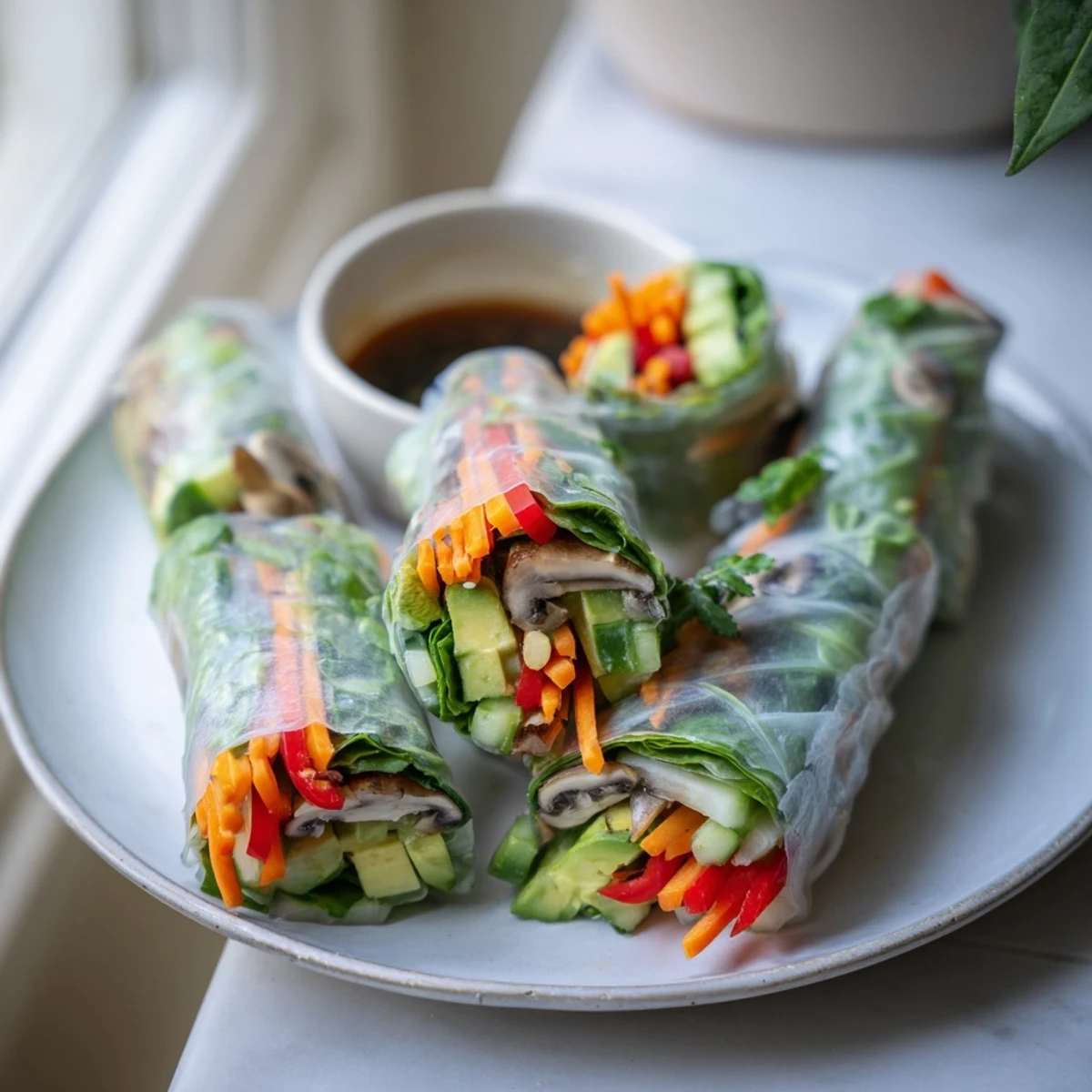 Golden sautéed shiitake mushrooms and creamy avocado nestled inside fresh spring rolls