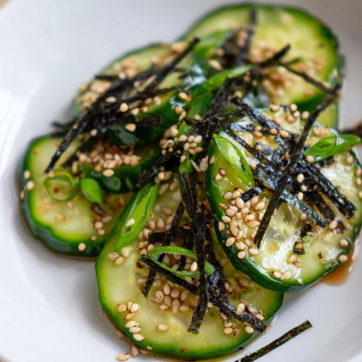 Crisp cucumber slices tossed in tangy rice vinegar dressing for this refreshing sushi cucumber salad