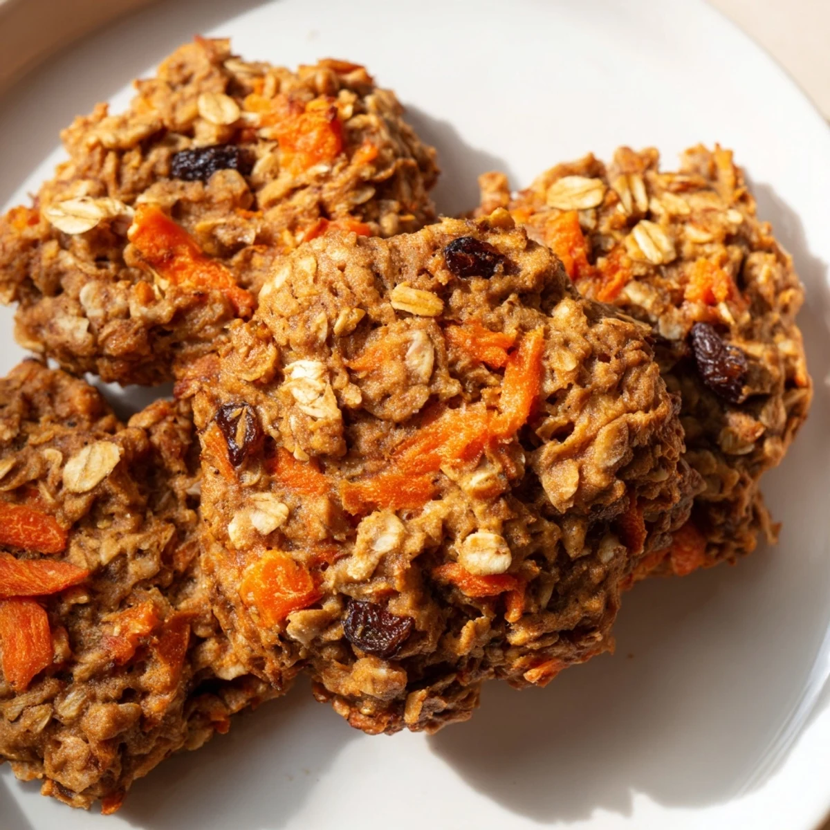 Chewy carrot cake cookies with visible oats and shredded carrots on rustic baking sheet
