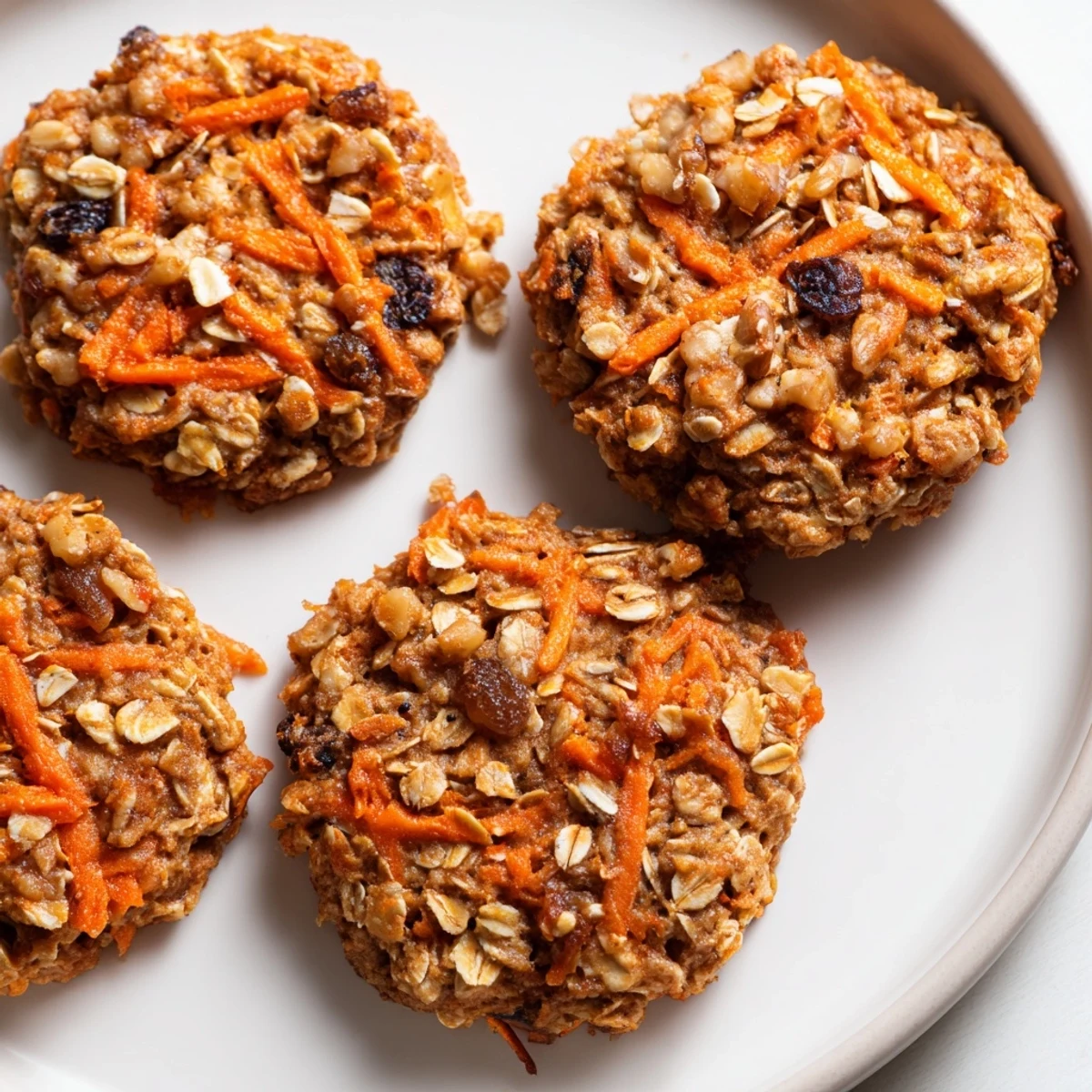 Golden chewy carrot cake cookies cooling on wire rack with walnuts and raisins