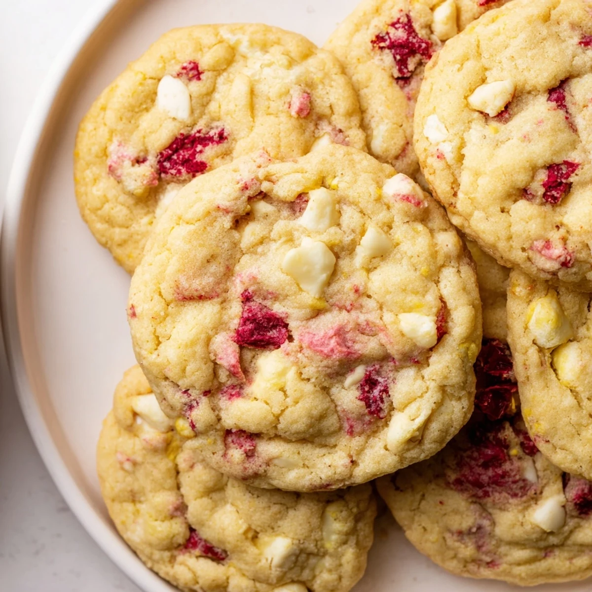 Golden Lemon Raspberry Cookies with jewel-toned berries on a rustic white serving plate