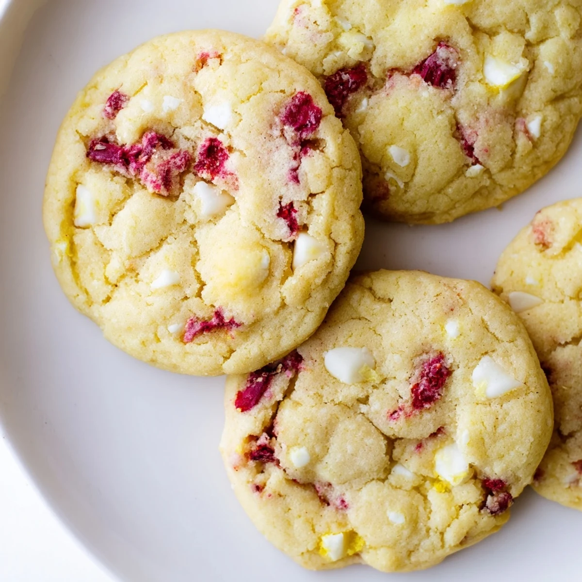 Soft chewy Lemon Raspberry Cookies with melted white chocolate chips and vibrant berry pieces