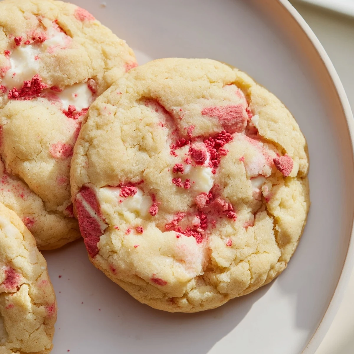 Soft strawberry cheesecake cookies with golden edges and creamy centers on a white plate