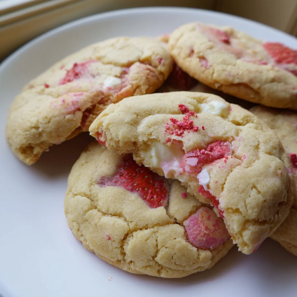 Chewy strawberry cheesecake cookies topped with crushed freeze-dried berries fresh from the oven