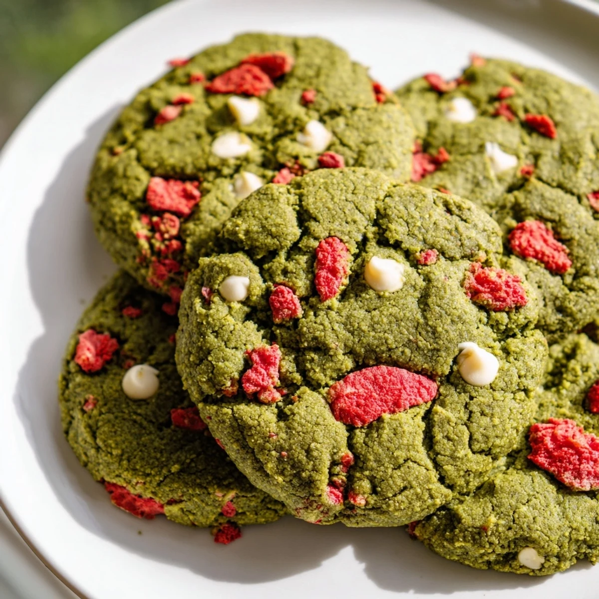Soft strawberry matcha cookies with vibrant green color and pink berry pieces scattered throughout