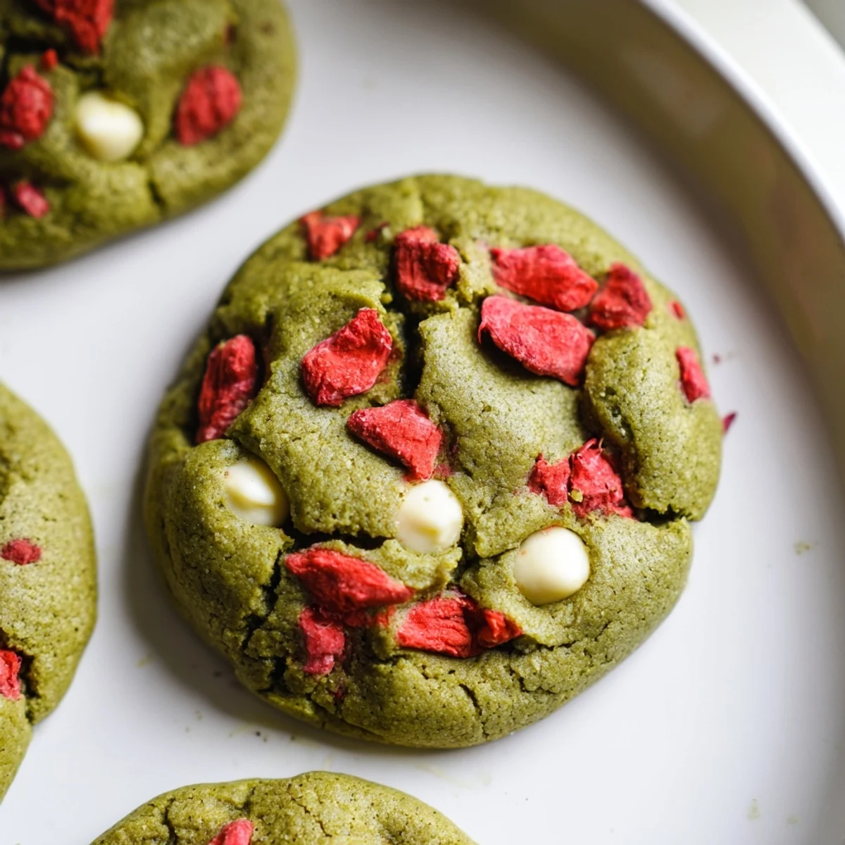 Chewy matcha green tea cookies loaded with sweet freeze-dried strawberries on a rustic baking sheet