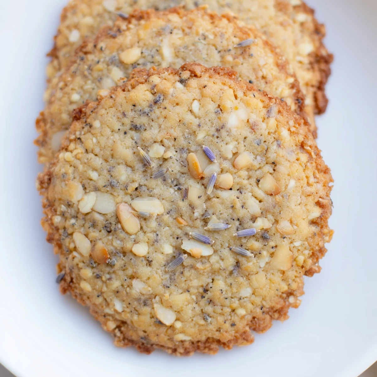 Golden Lavender Honey Crunch Cookies with chopped almonds arranged on a rustic wooden board beside a steaming cup of Earl Grey tea