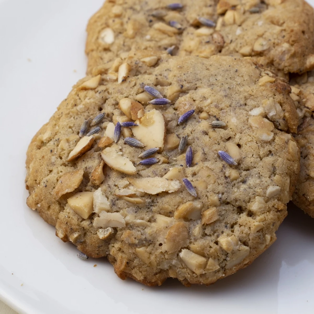 Crisp homemade Lavender Honey Crunch Cookies fresh from the oven with lightly browned edges and visible specks of dried lavender