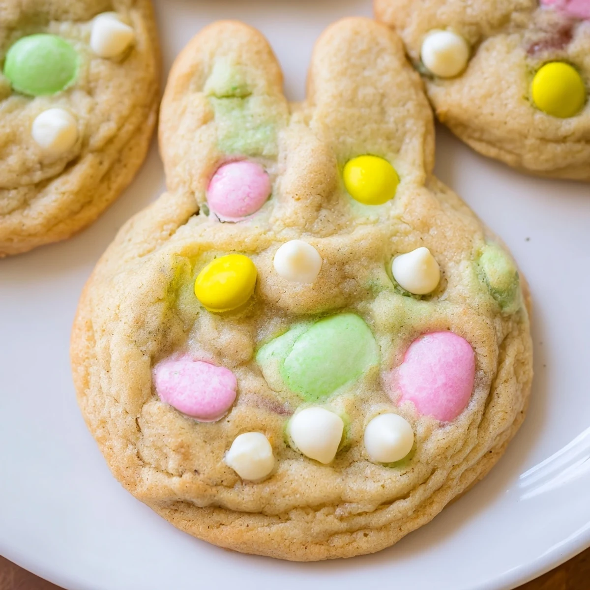 Soft chewy M&M bunny cookies with colorful pastel candies on rustic baking sheet