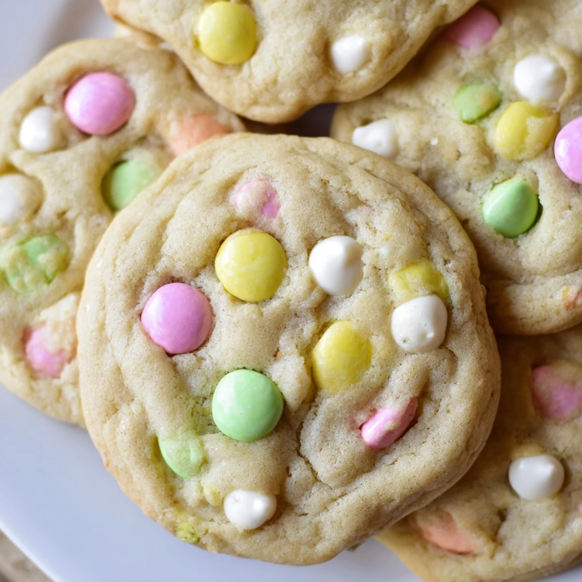 Golden brown M&M bunny cookies fresh from oven with melty chocolate centers
