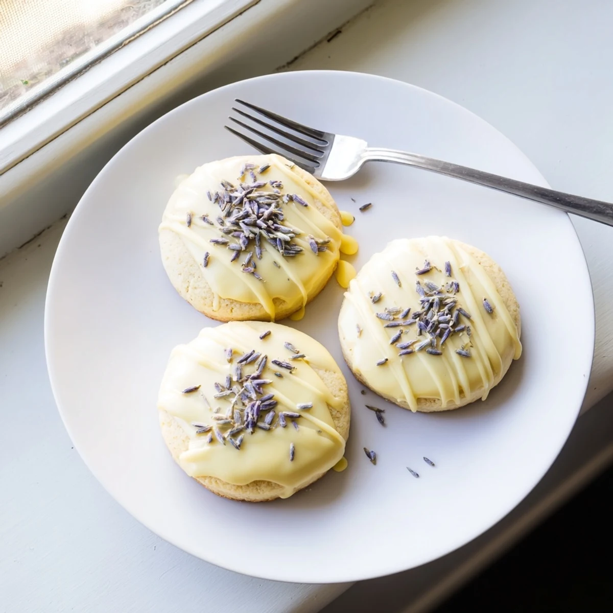 Iced lemon lavender shortbread cookies with glossy icing on a rustic white plate