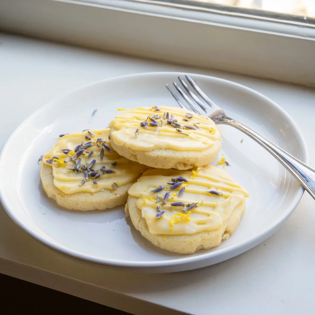 Buttery iced lemon lavender shortbread cookies arranged on parchment ready for afternoon tea