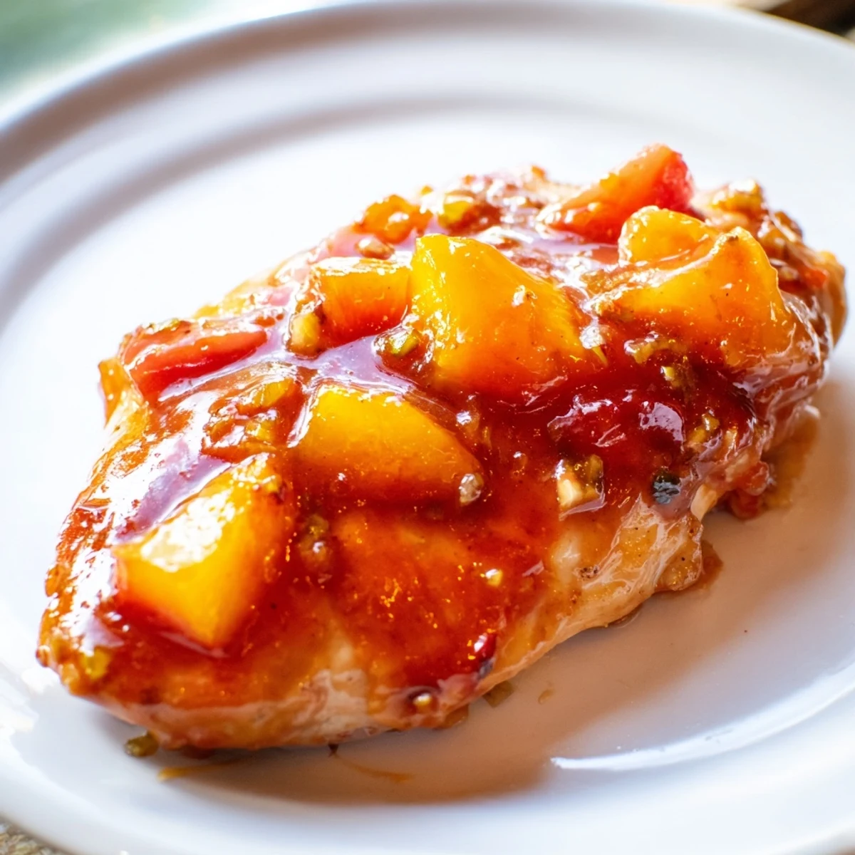 Golden seared Jalapeno Peach Chicken glazed with glossy sweet-spicy sauce in cast iron skillet