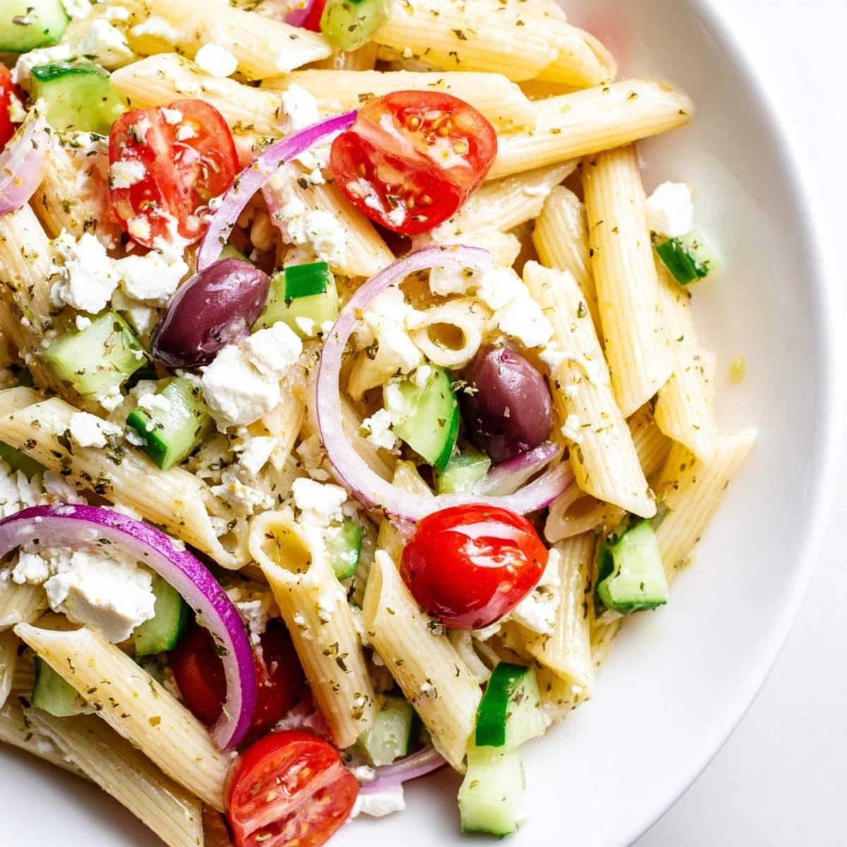 Greek pasta salad loaded with crisp cucumbers, ripe tomatoes, and tangy feta in zesty herb dressing
