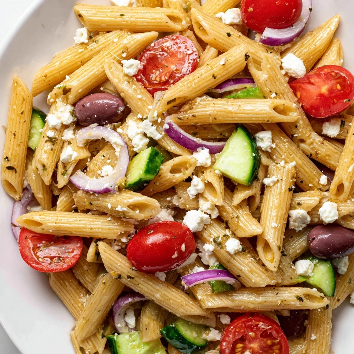 Colorful Greek pasta salad tossed with fresh vegetables, olives, and creamy feta cheese