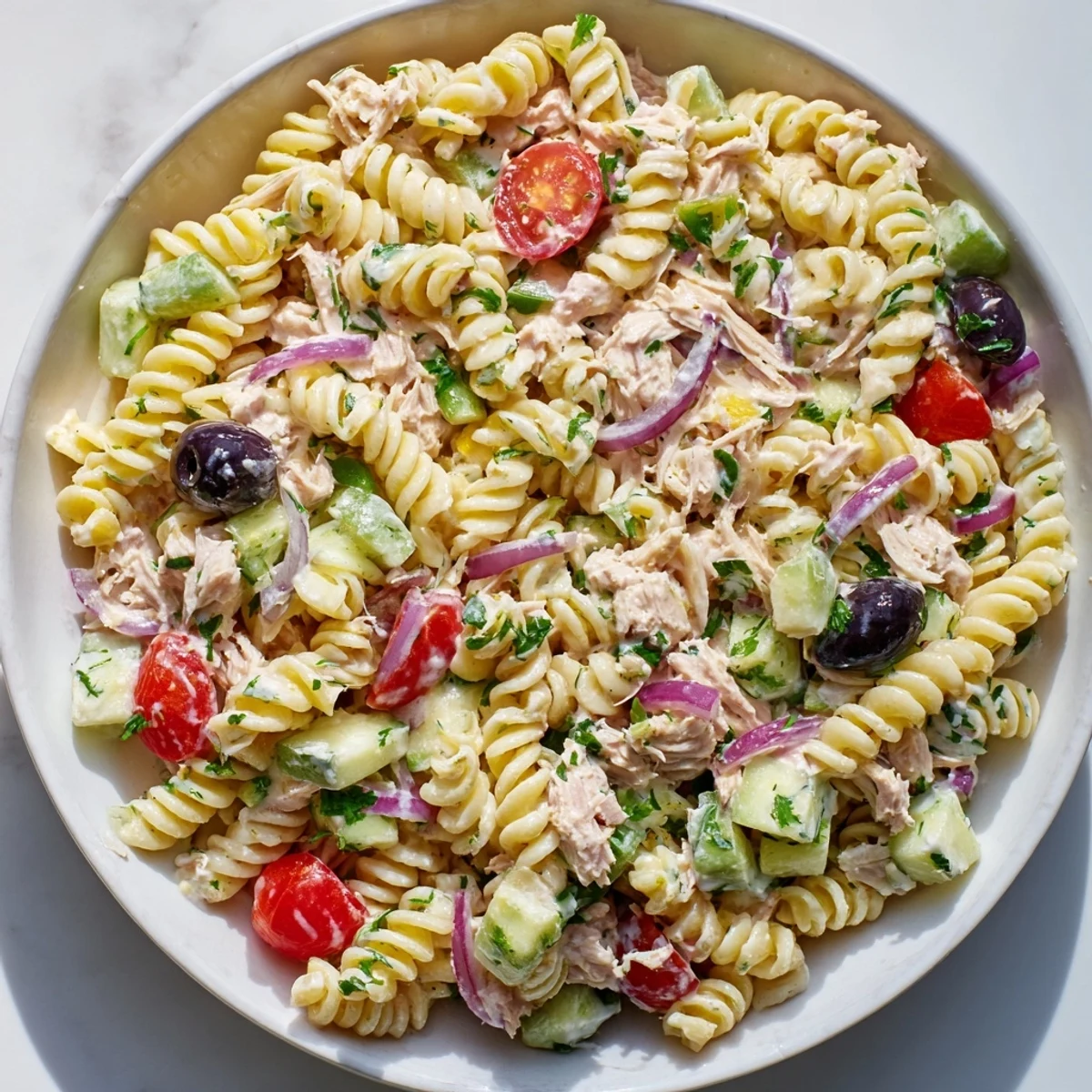Creamy tuna pasta salad in a white bowl with cherry tomatoes and crisp celery