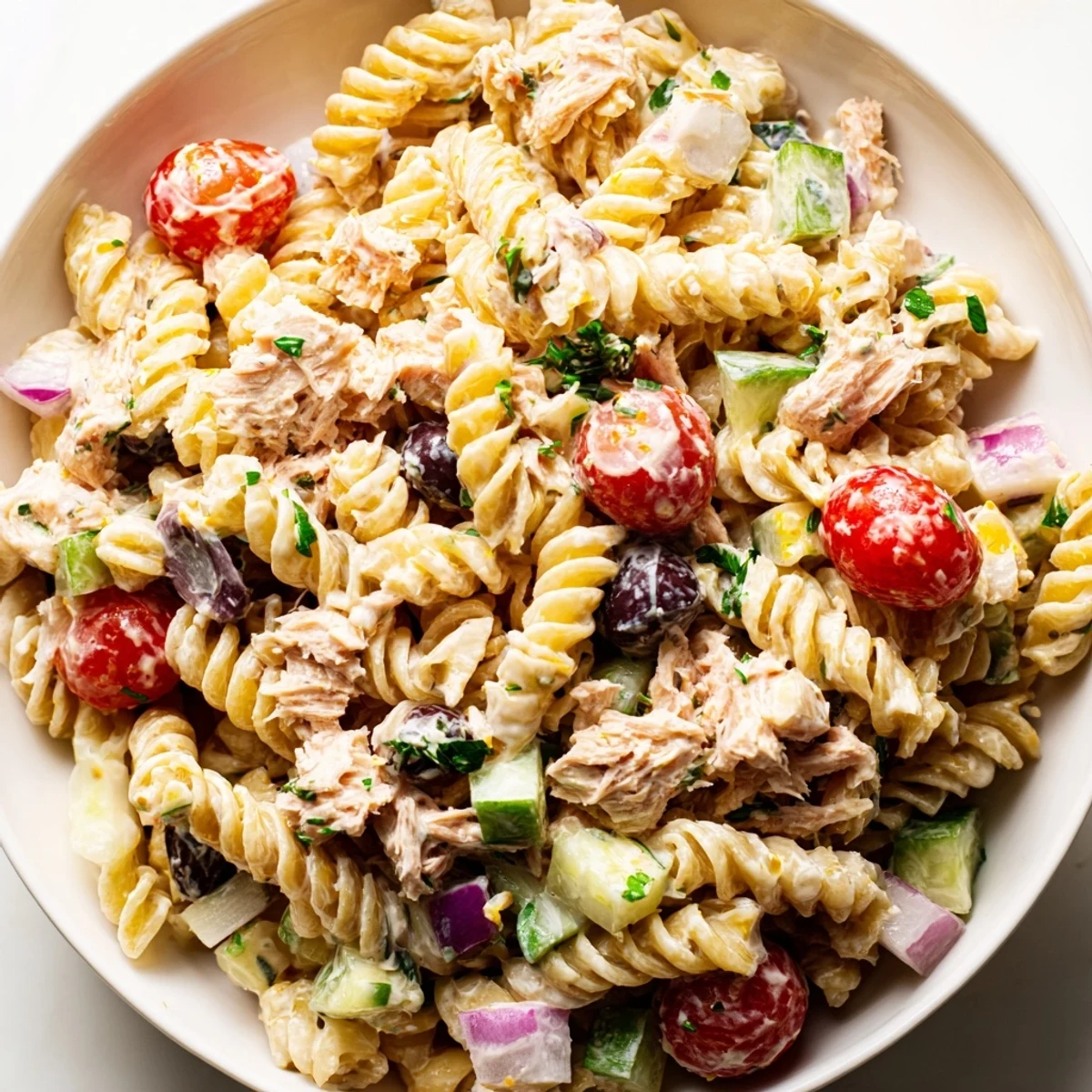 Chilled tuna pasta salad topped with black olives and fresh parsley garnish