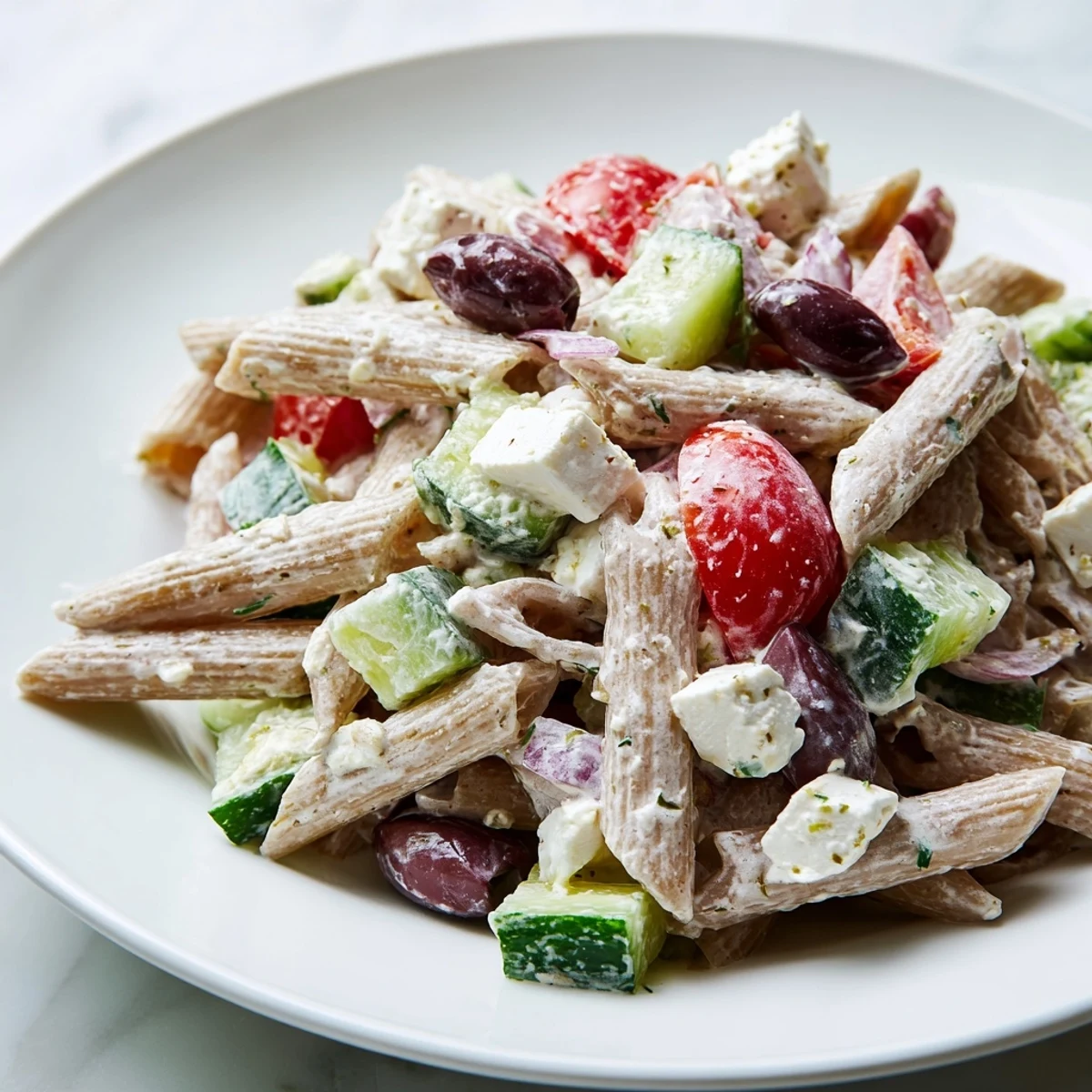 Colorful high protein Greek pasta salad loaded with crisp vegetables, tender chicken, and creamy feta cheese
