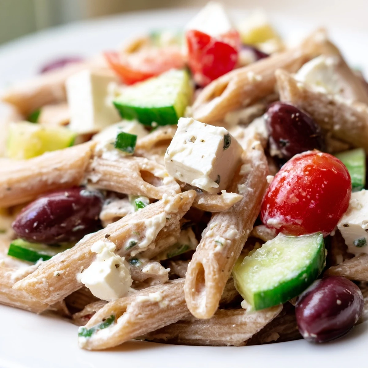 High protein Greek pasta salad in a white bowl featuring juicy tomatoes, crunchy cucumbers, and olives