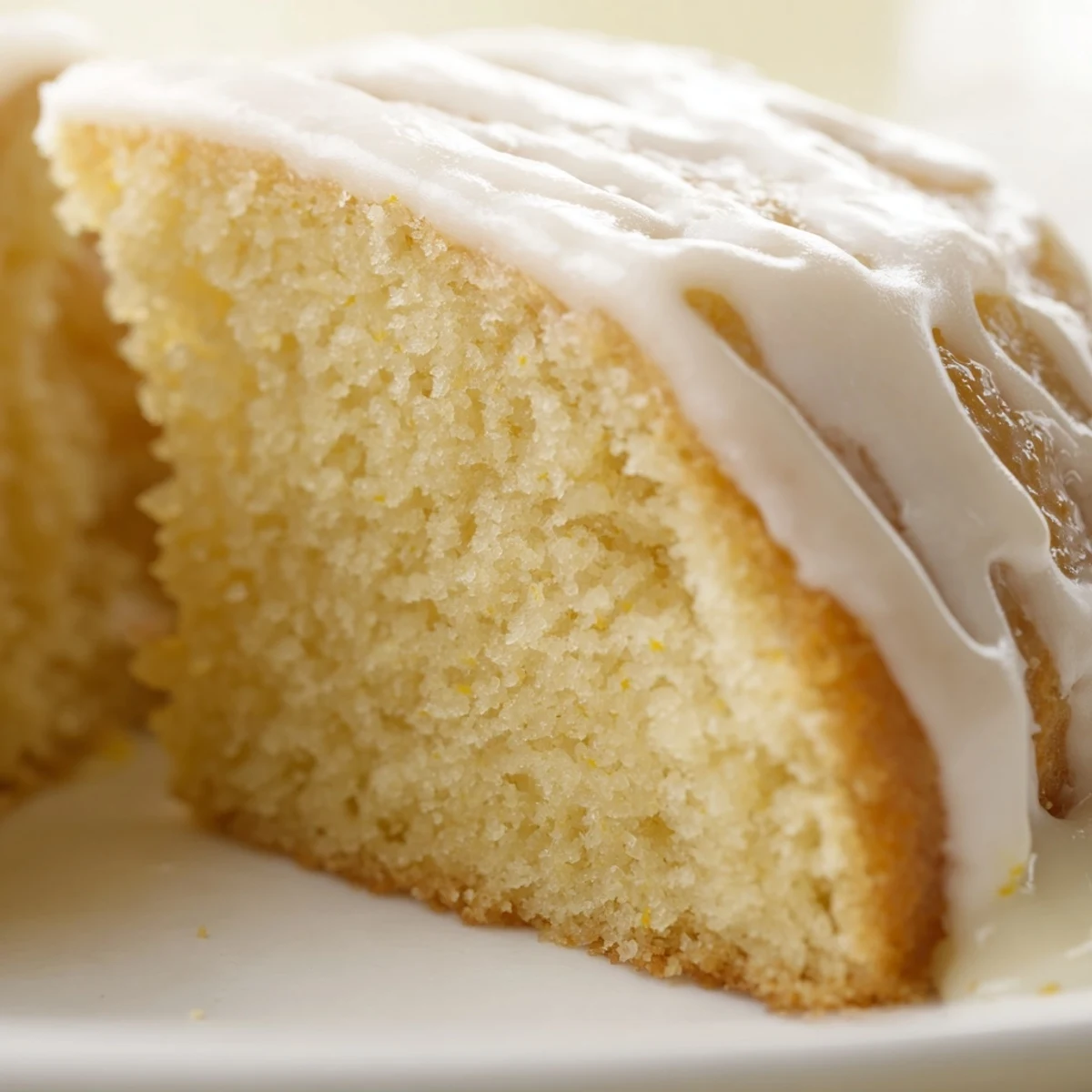 Golden church cake with vanilla glaze served on a white porcelain plate