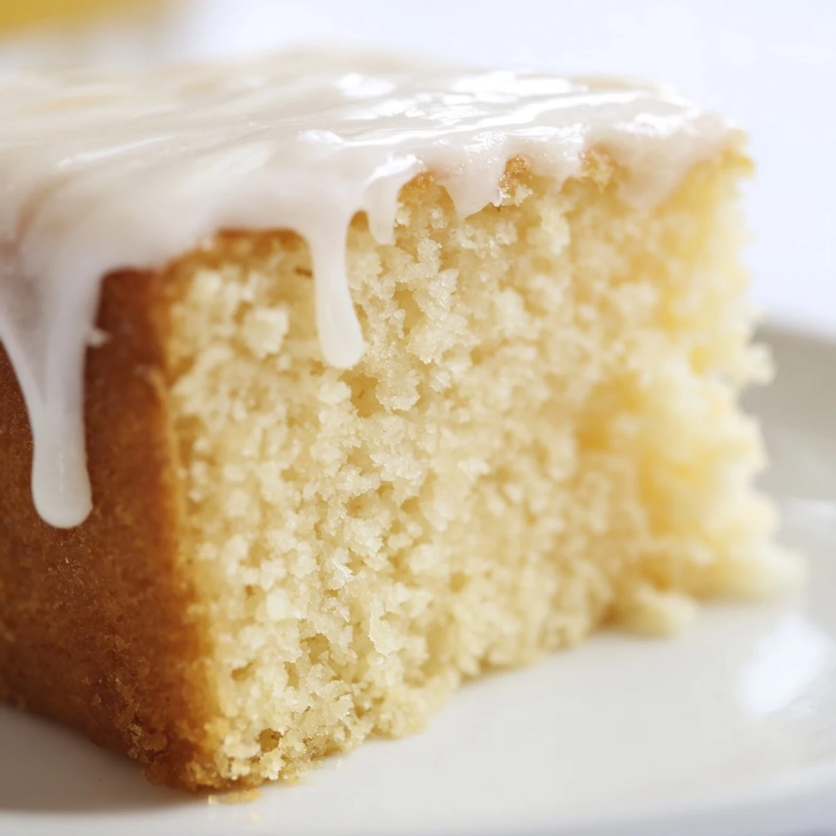 Moist church cake sliced revealing tender crumb drizzled with sweet powdered sugar icing