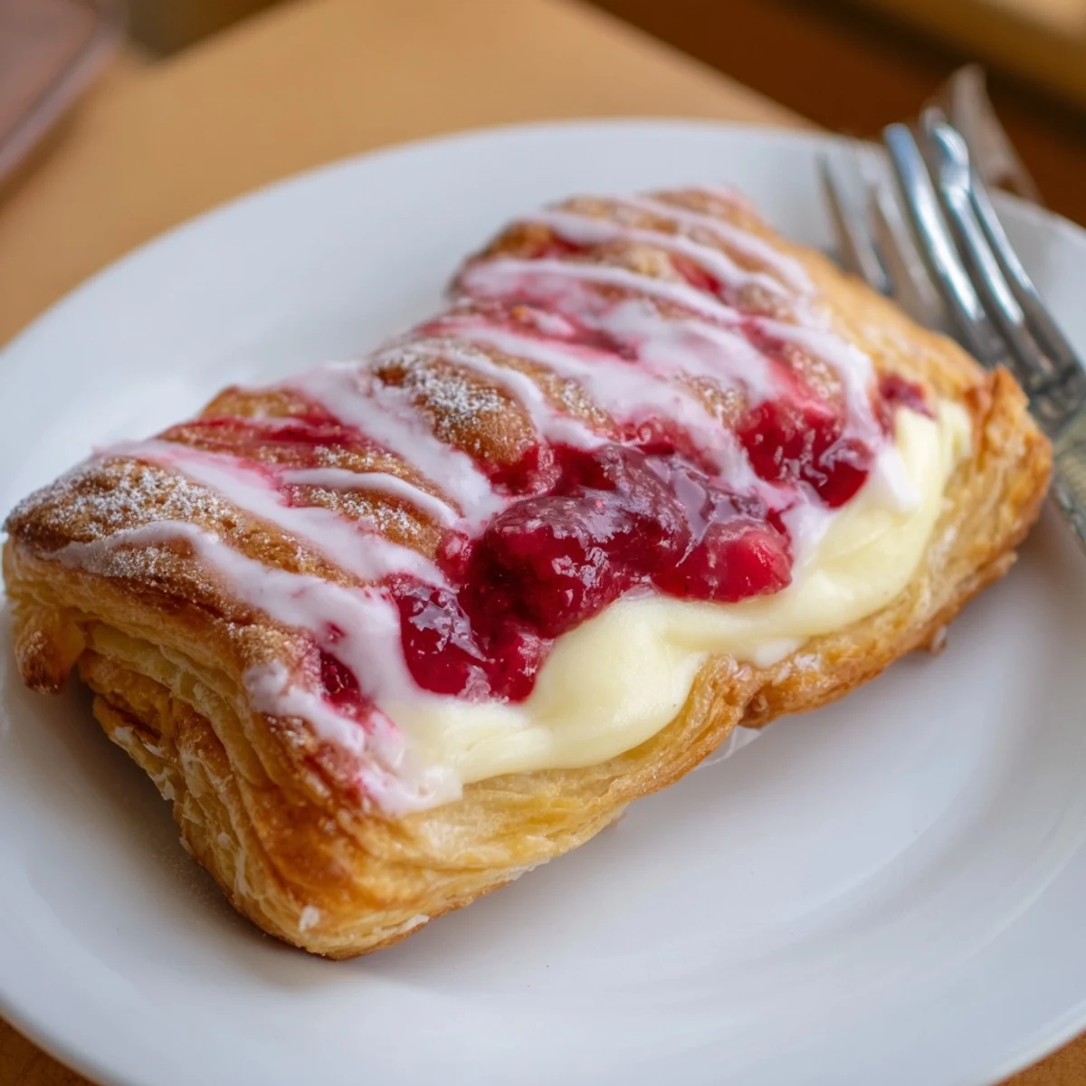 Golden Sourdough Discard Raspberry Cream Cheese Danishes drizzled with sweet vanilla glaze on a rustic plate.