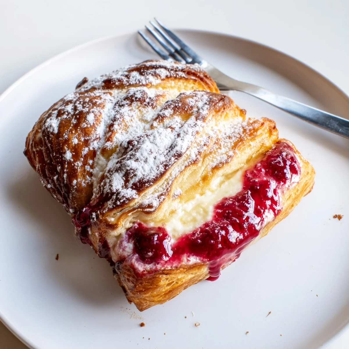 Flaky pastries filled with tangy cream cheese and bright red raspberries, perfect for a weekend brunch spread.